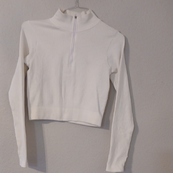 White Ribbed Crop Hoodie with Mandarin Collar - Picture 1 of 4